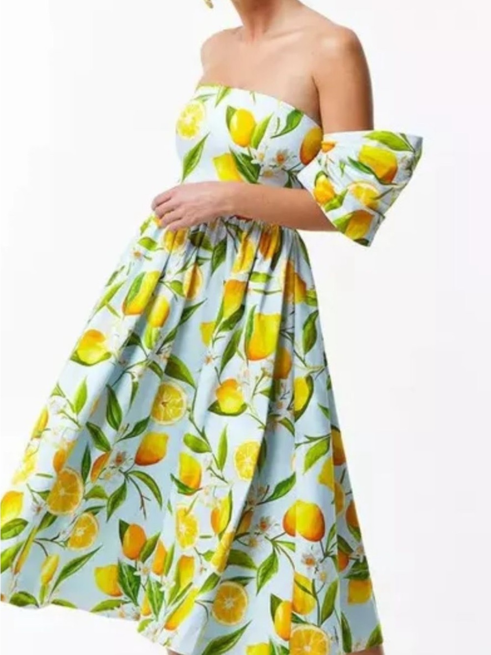Off-Shoulder Lemon Print Midi Dress in Yellow & Light Blue